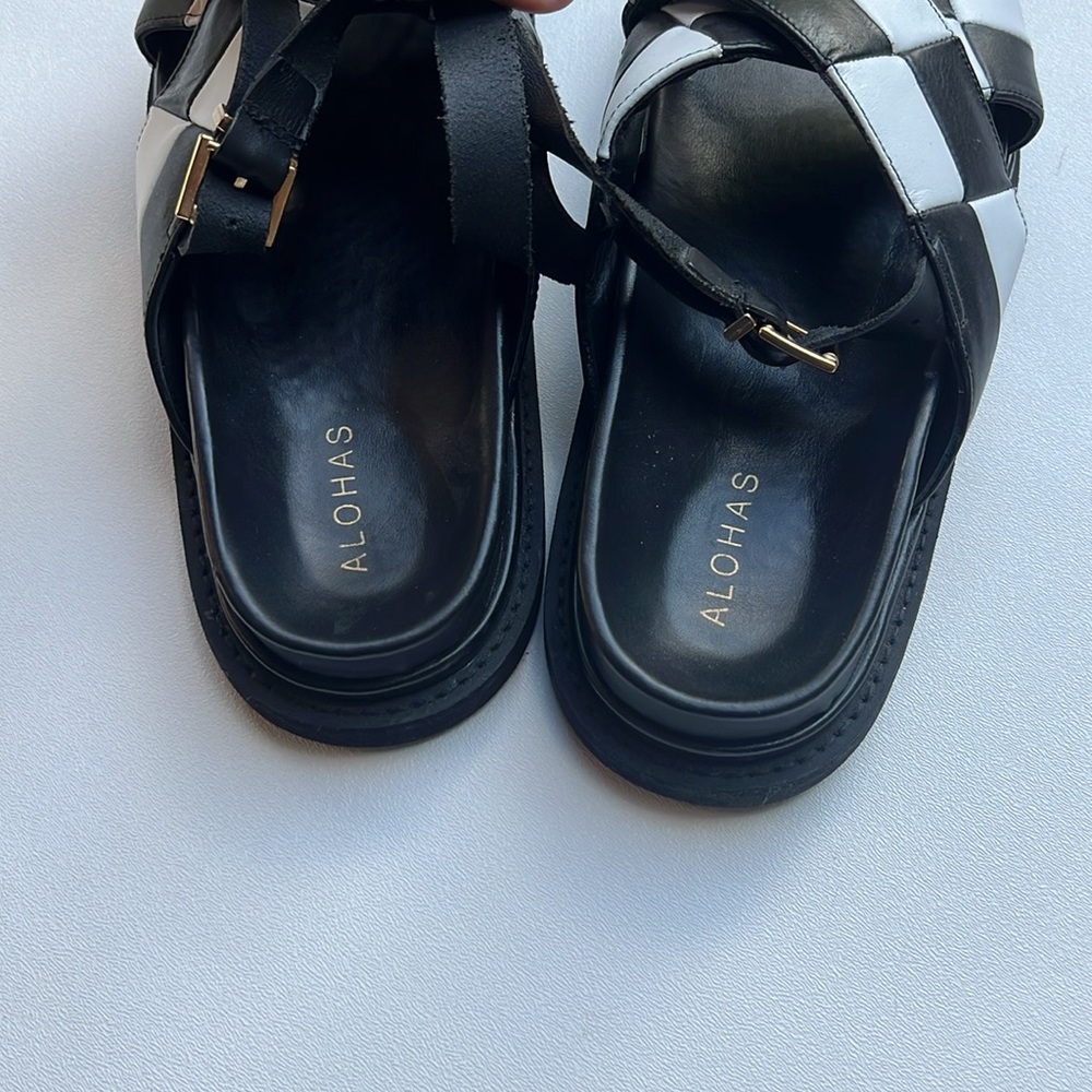 Alohas sandals strappy black criss cross marshmallow chunky leather weaving fun - Picture 6 of 8